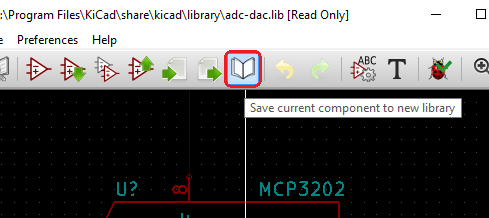 Screenshot of the 'Save current component to new library' button highlighted in the top toolbar. It is the 11th icon from the left.